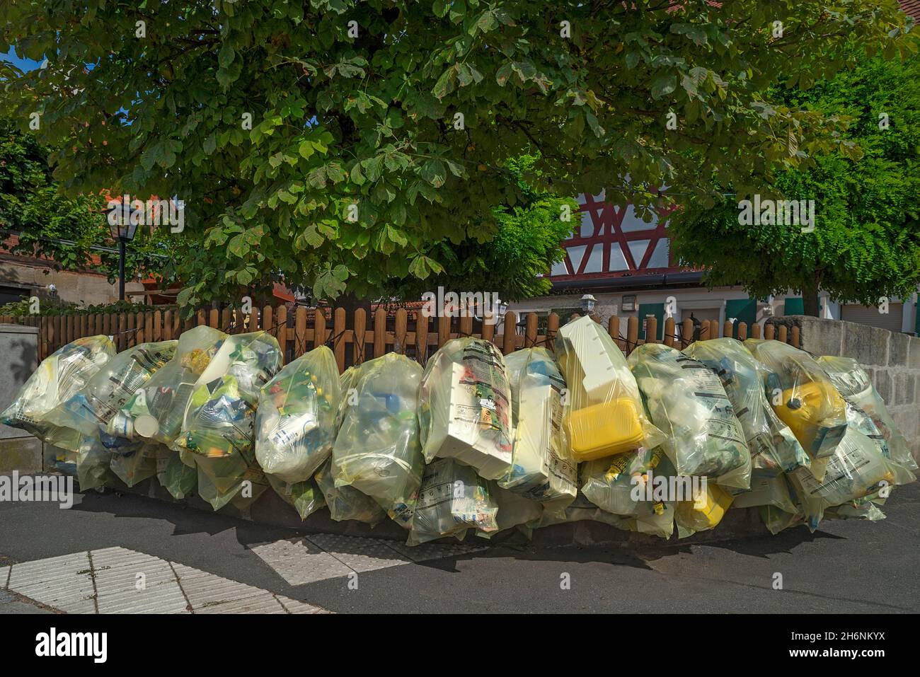 Yellow bags made available for collection, Franconia, Bavaria, Germany