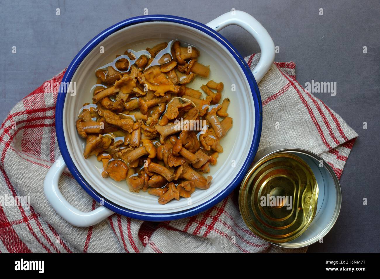 Pickled chanterelles (Cantharellus cibarius) in bowl and tin can Stock