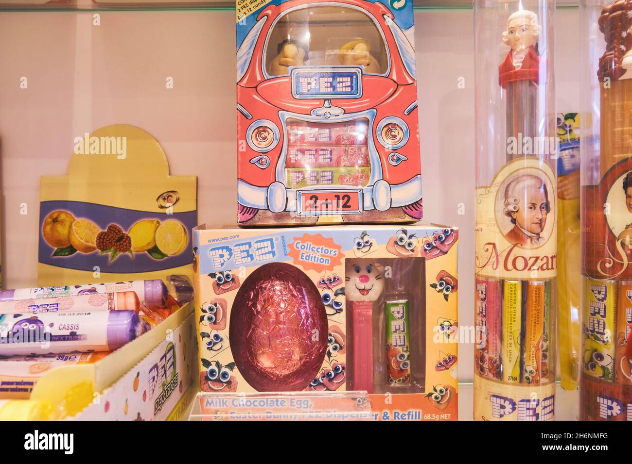 Flinstones, Mozart and Easter products. At the Pez factory, museum, visitor center in Orange, Connecticut. Stock Photo
