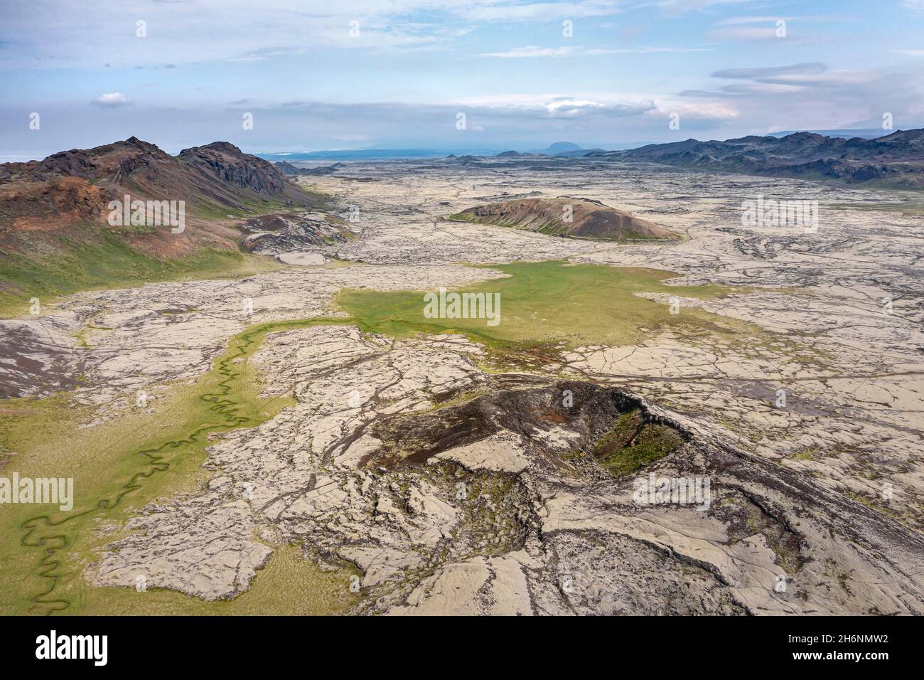 Volcanic crater, moss-covered landscape, Icelandic highlands, aerial ...