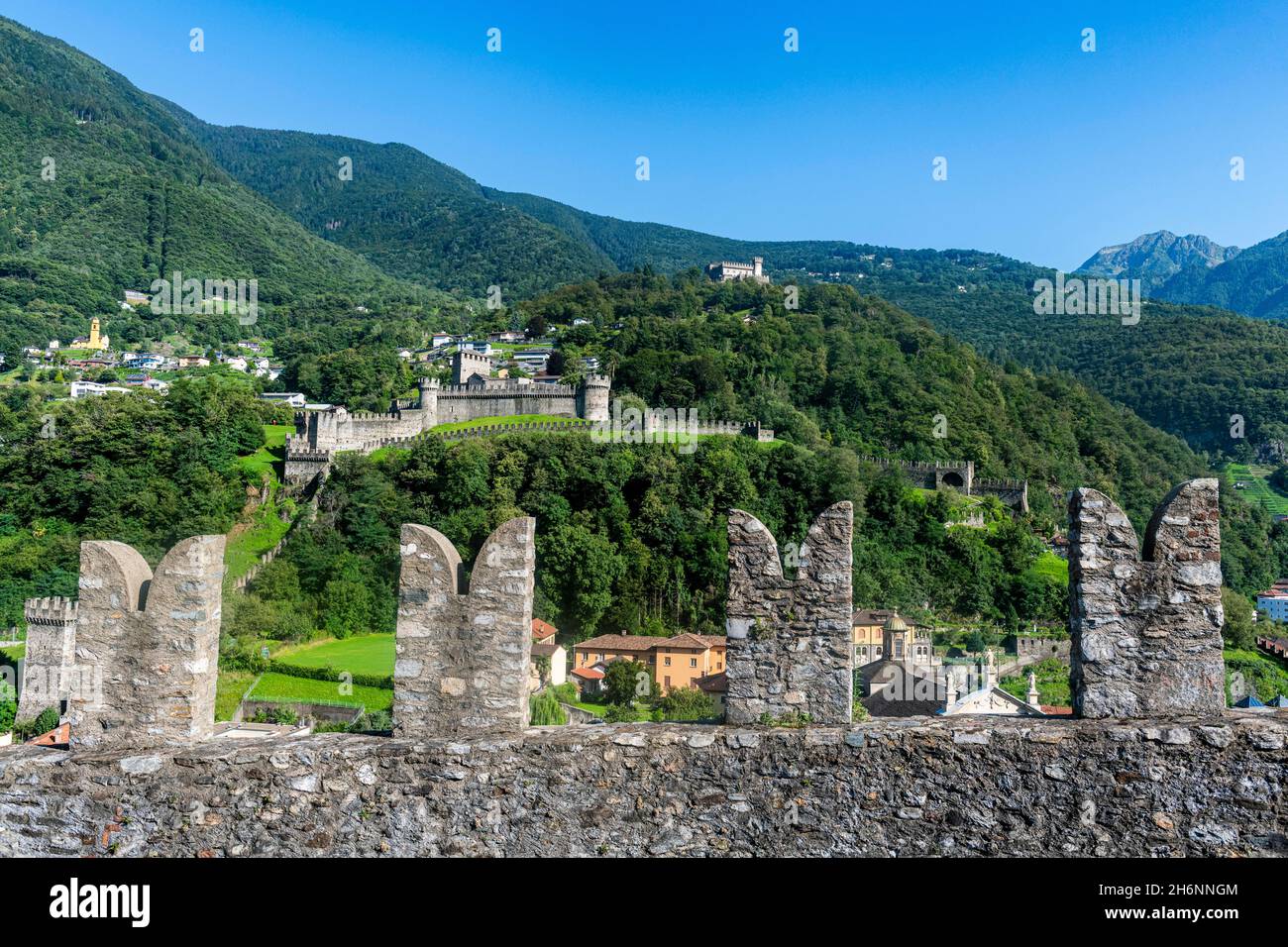 View on the hill castles, Unesco site three castles of Bellinzona, Ticino, Switzerland Stock Photo