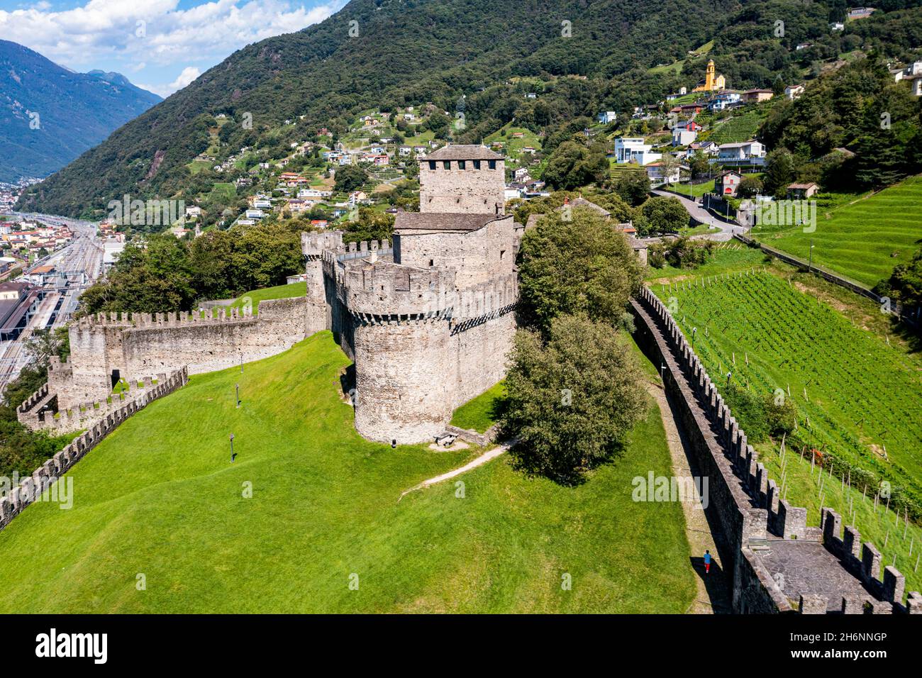 Aerial of Montebello castle, Unesco site three castles of Bellinzona, Ticino, Switzerland Stock Photo