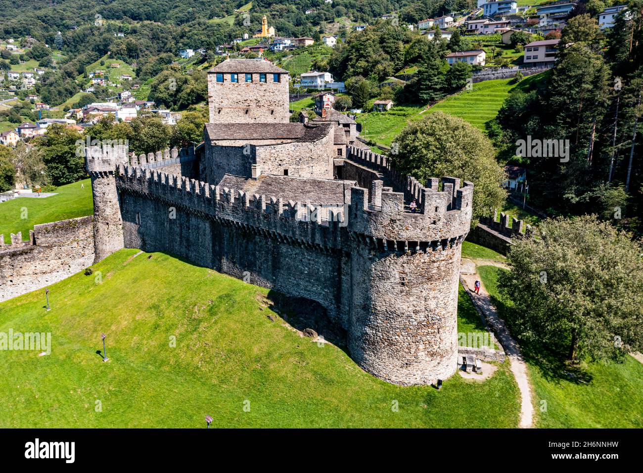 Aerial of Montebello castle, Unesco site three castles of Bellinzona,  Ticino, Switzerland Stock Photo - Alamy