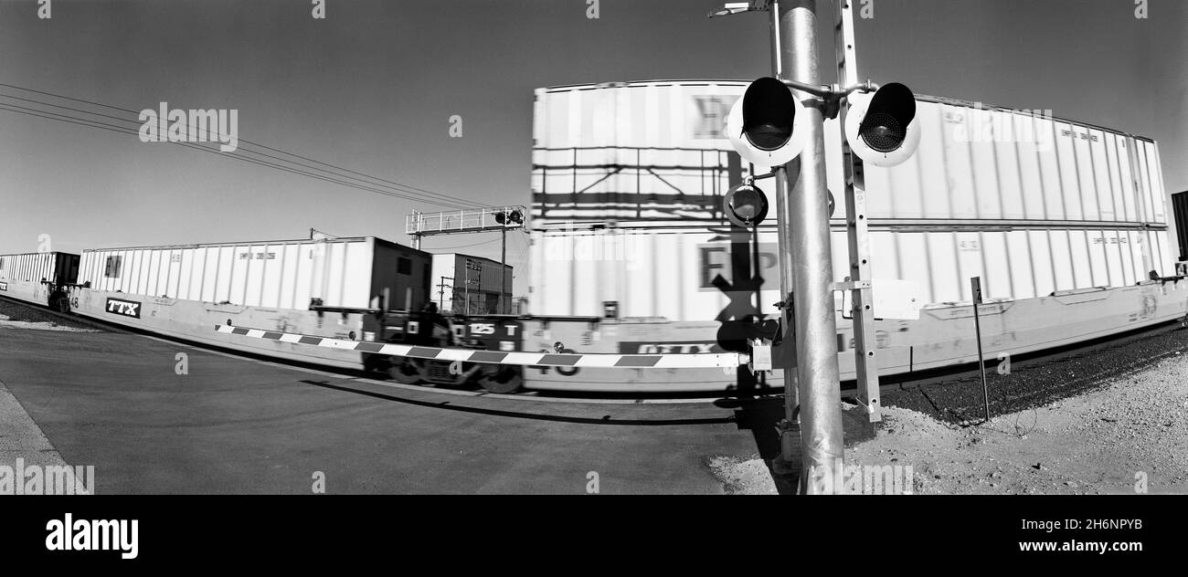 Railway crossings, goods train, Santa Teresa County, New Mexico, United States of America, USA. Railway crossings, cargo train, Santa Teresa County Stock Photo