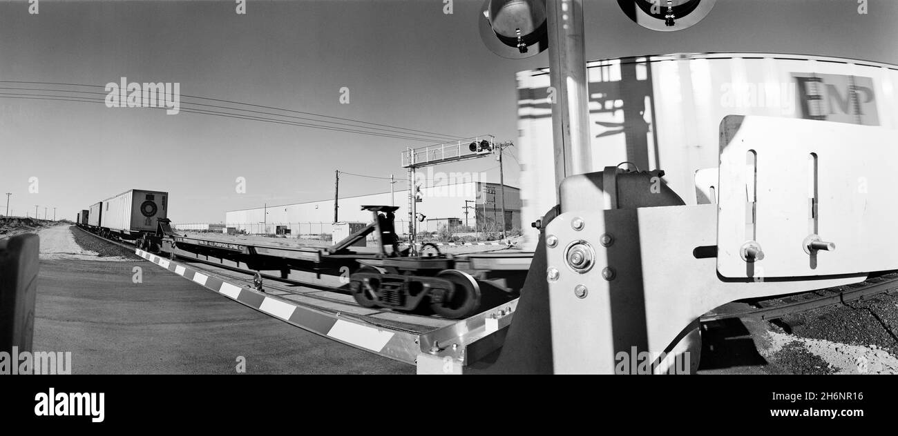 Railway crossings, goods train, Santa Teresa County, New Mexico, United States of America, USA. Railway crossings, cargo train, Santa Teresa County Stock Photo