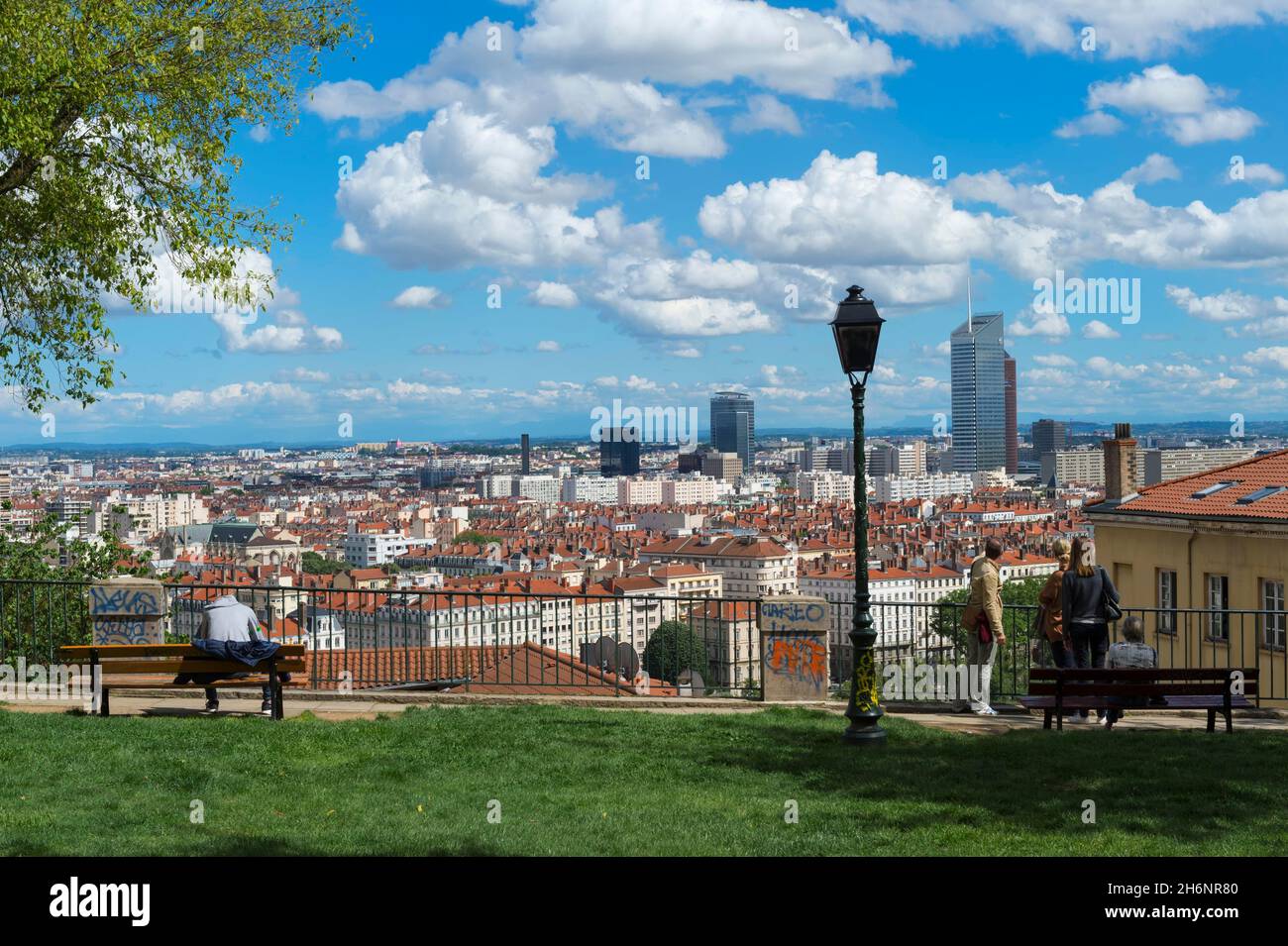 Lyon and the Rhone seen from La Croix Rousse, Bellevue Square, Rhone Alpes, France Stock Photo