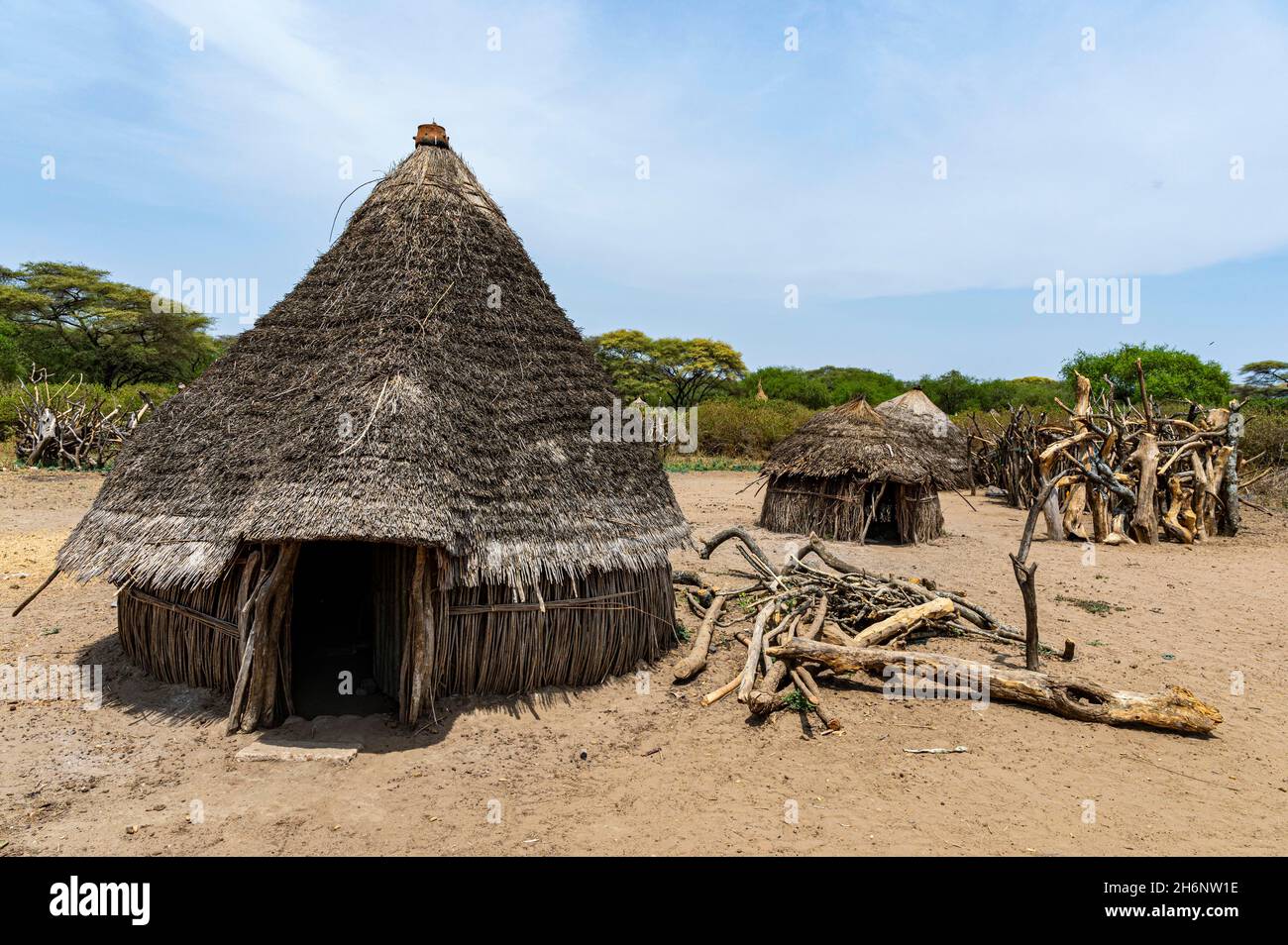 Traditional build huts of the Toposa tribe, Eastern Equatoria, South Sudan Stock Photo