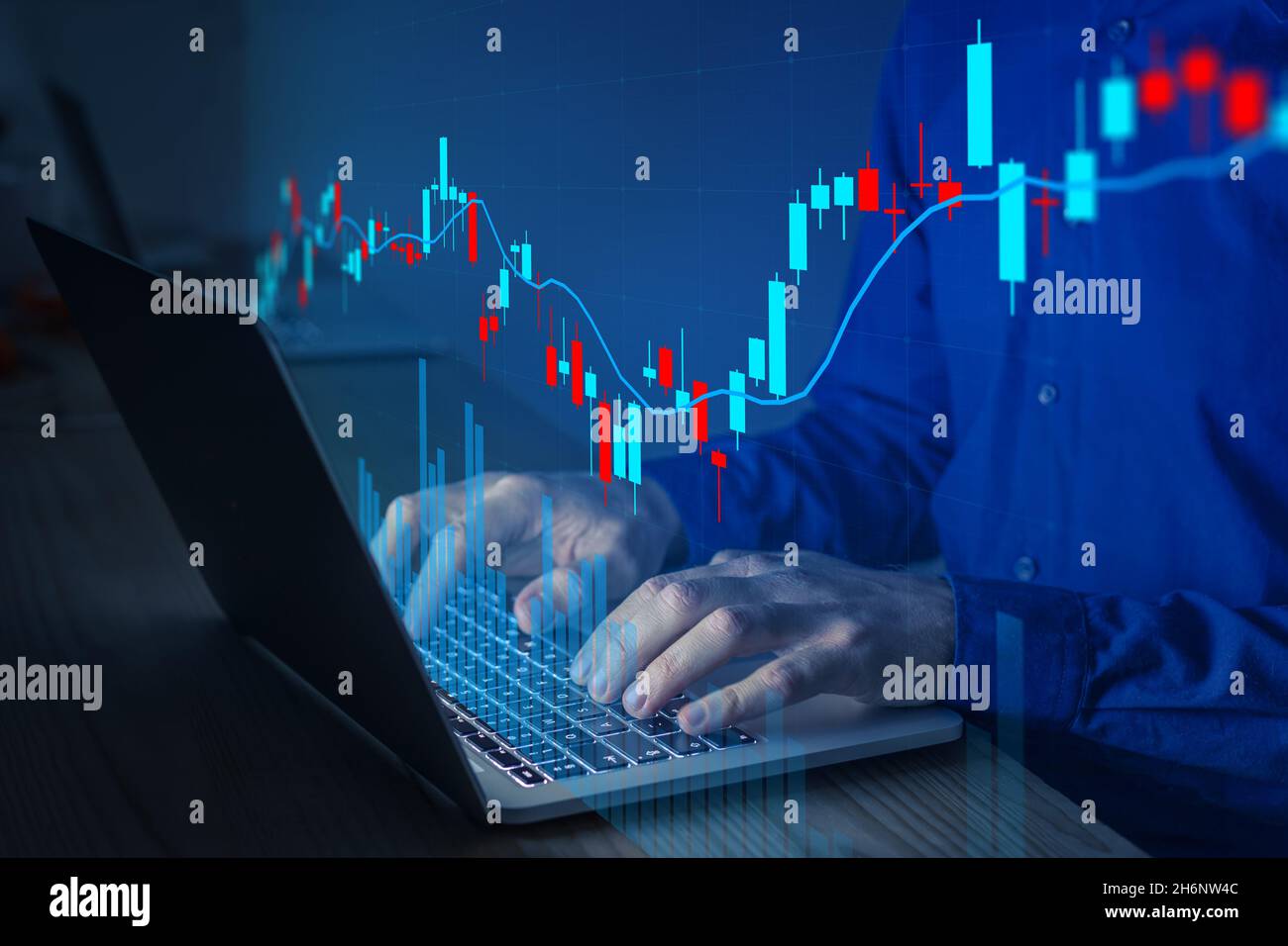 Financial chart with stock market or forex data plotted on candlestick graph. Finance and investment concept. Stock Photo