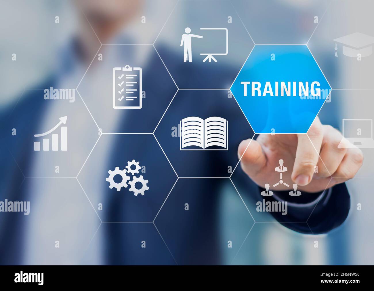 Training and skill development concept with icons of online course, conference, seminar, webinar, e-learning, coaching. Grow knowledge and abilities. Stock Photo