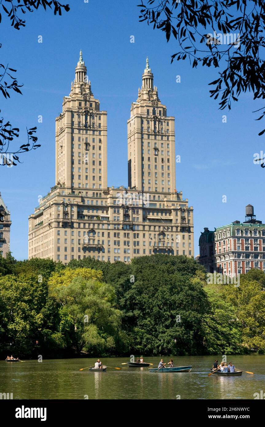New York City in Summer on the Lake with Central Park West Skyline and the Dakota Apartments, New York, USA Stock Photo