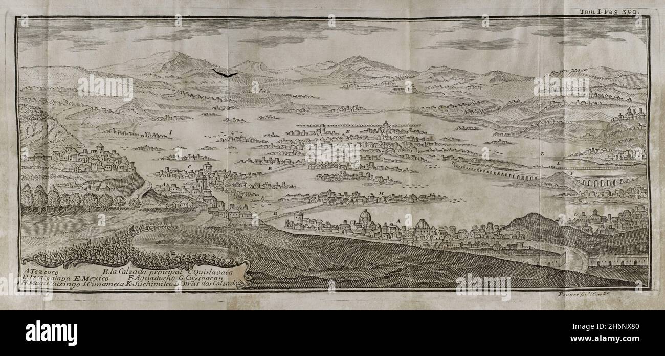 Representation of the city of Mexico (Mexico-Tenochtitlan). Divided into two neighborhoods. One called Tlatelulco (a), where most of the population lived, and the other Mexico (e), where the court and the nobility lived, gave its name to the whole city. Engraving by Pauner. 'Historia de la Conquista de México, población, y progresos de la América septentrional, conocida por el nombre de Nueva España' (History of the Conquest of Mexico, population, and progress of northern America, known by the name of New Spain). Written by Antonio de Solís y Rivadeneryra (1610-1686), Chronicler of the Indies. Stock Photo