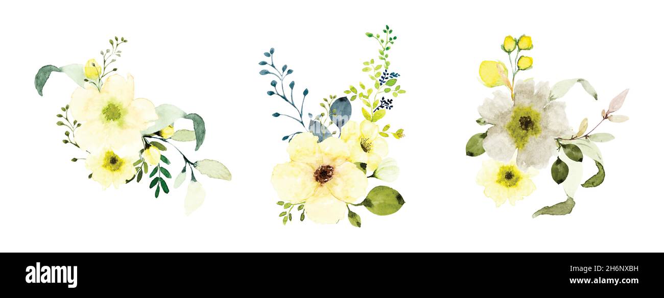 Watercolor yellow floral bouquets set. Botanic composition watercolor hand-painted isolated on white background, suitable for card design, wedding, in Stock Vector