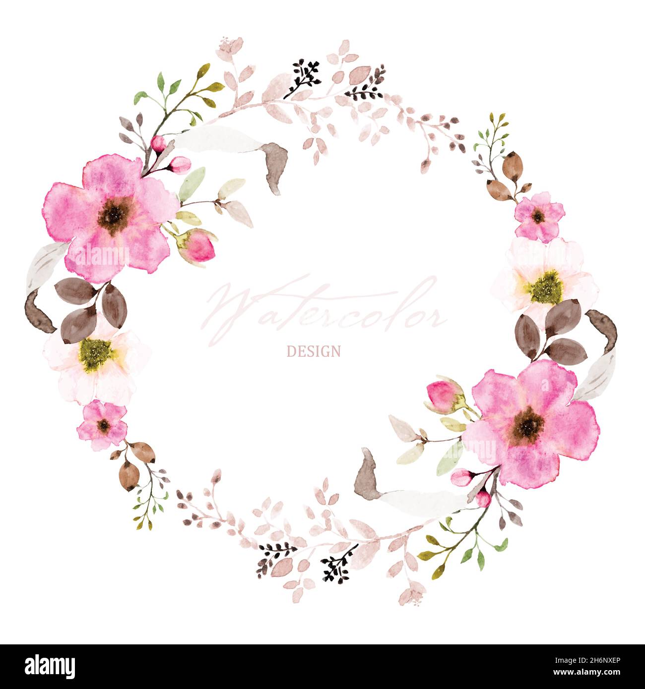 Watercolor wreath design with pink flowers and leaves. Watercolor hand-painted with floral bouquet isolated on white background. Suitable for wedding Stock Vector