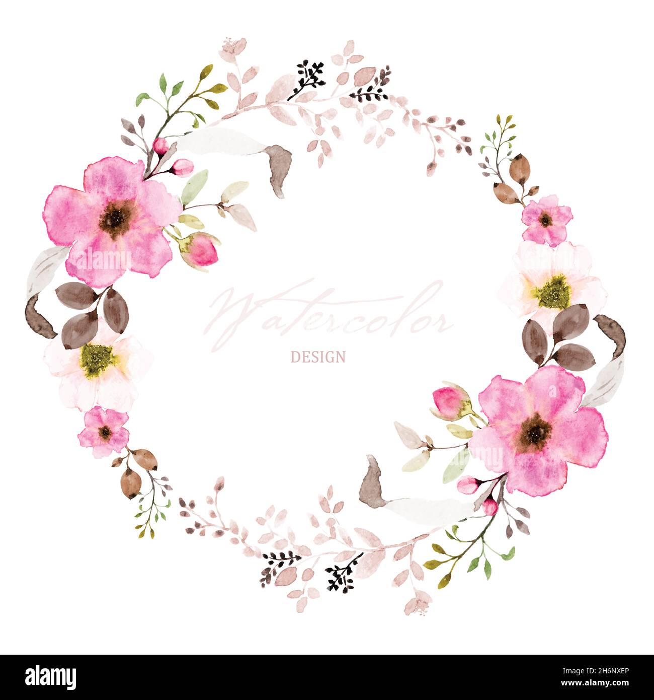 Watercolor wreath design with pink flowers and leaves. Watercolor hand ...