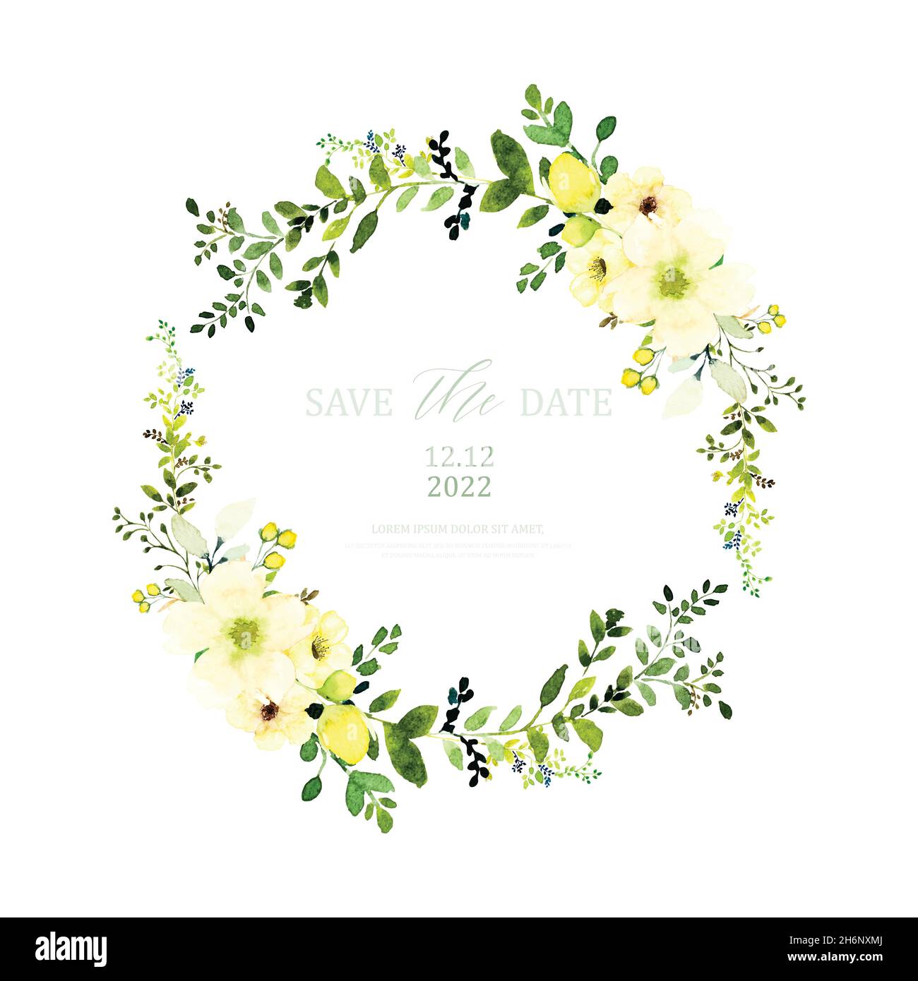 Watercolor wreath design with yellow flowers and leaves. Watercolor hand-painted with floral bouquet isolated on white background. Suitable for weddin Stock Vector