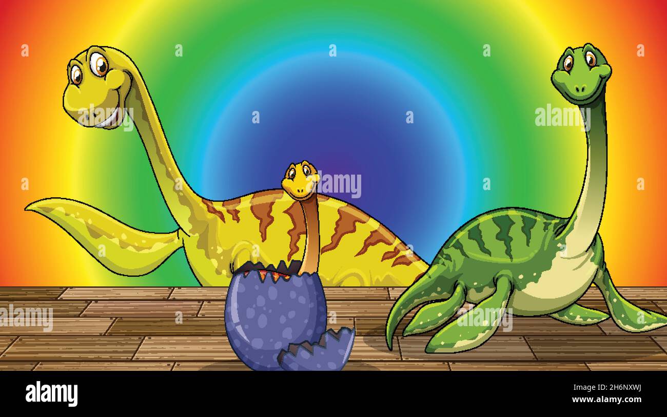 Cartoon dinosaur on rainbow gradient background illustration Stock Vector