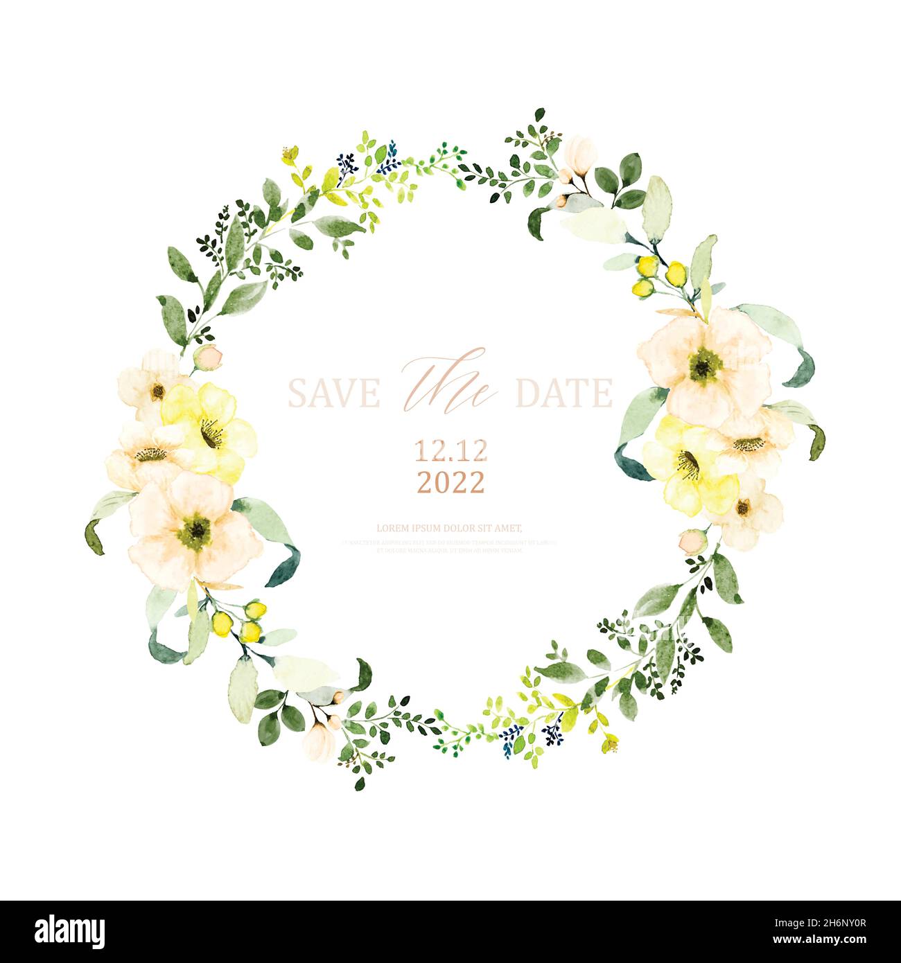 Watercolor wreath design with orange flowers and leaves. Watercolor hand-painted with floral bouquet isolated on white background. Suitable for weddin Stock Vector