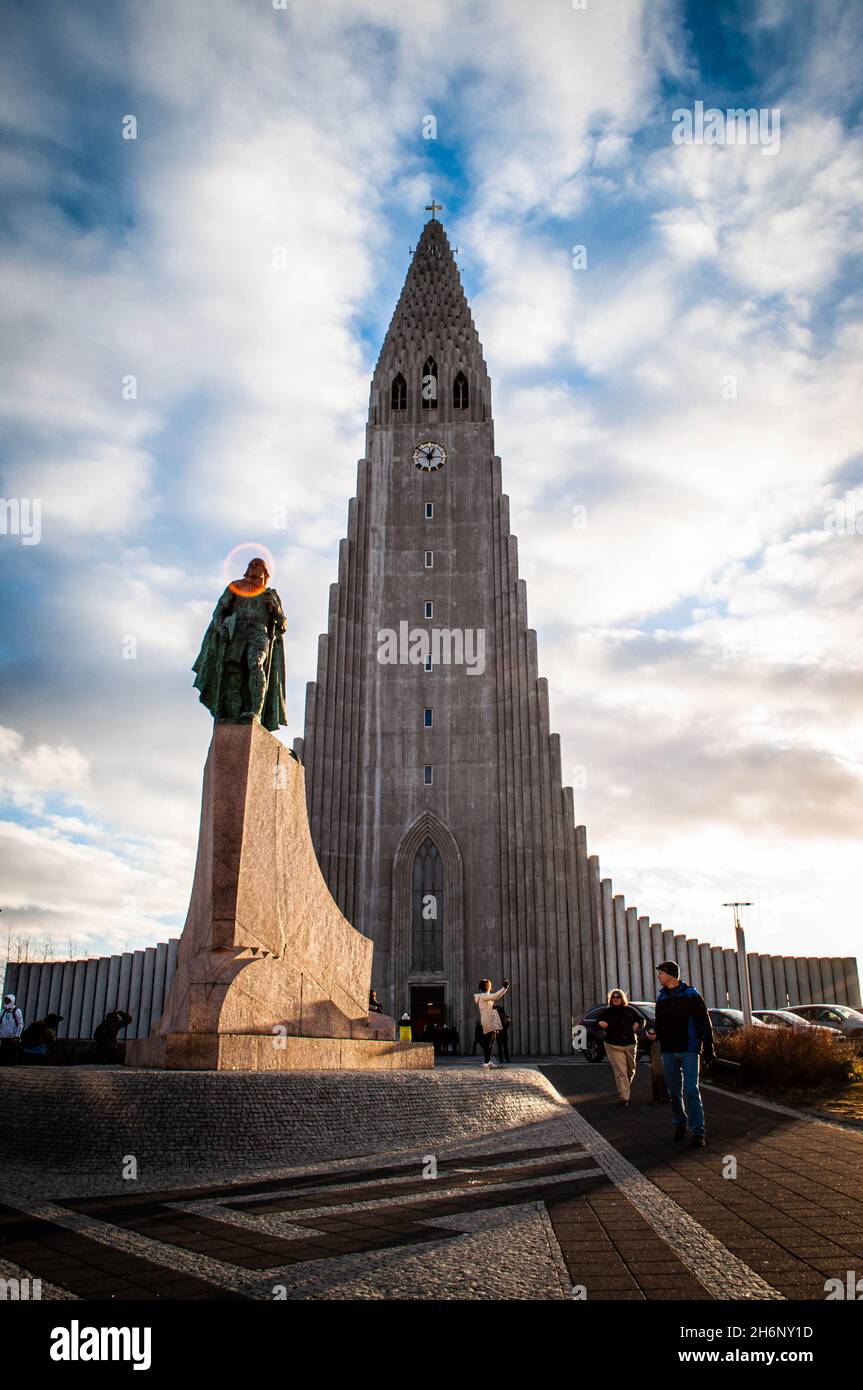 Hallgrímskirkja is a Lutheran parish church in Reykjavík, Iceland. At 74.5 metres tall, it is the largest church in Iceland. Stock Photo