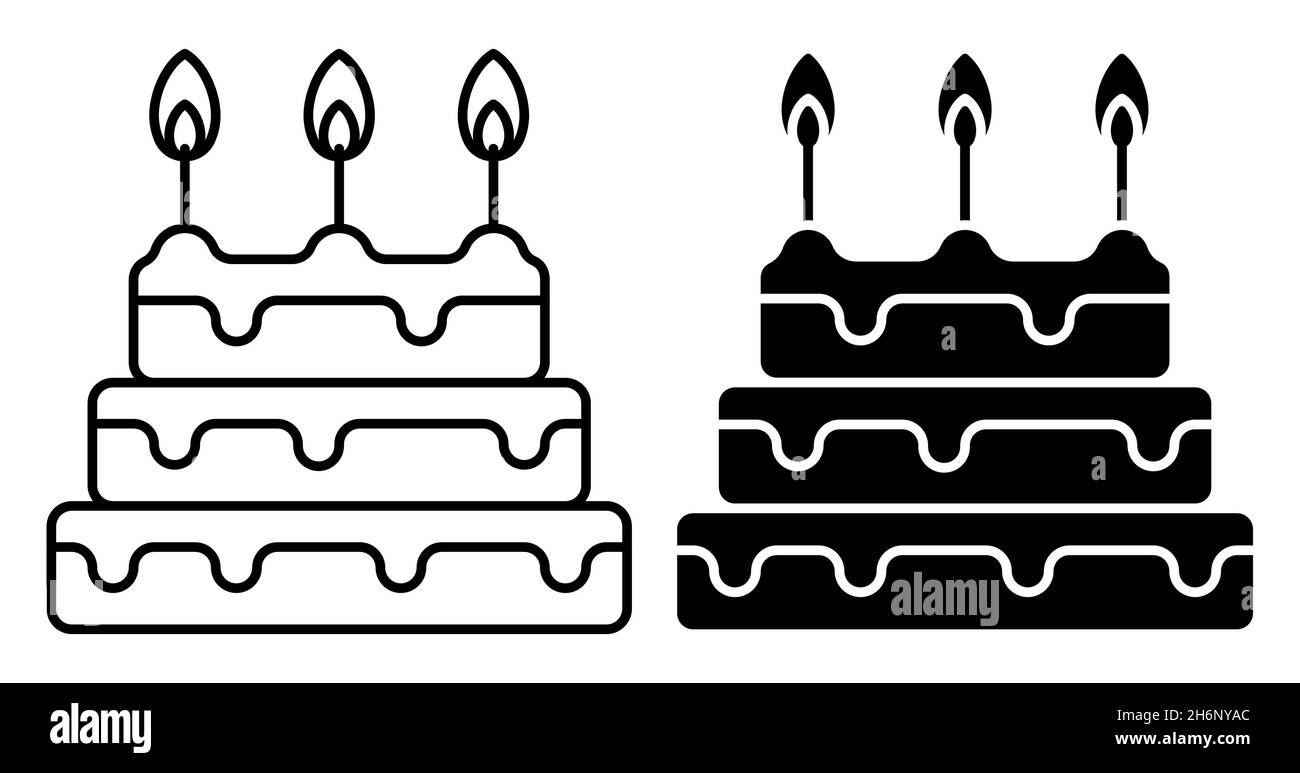 Linear icon. Celebratory tiered cake with burning candles. Dessert for birthday celebration. Simple black and white vector isolated on white backgroun Stock Vector