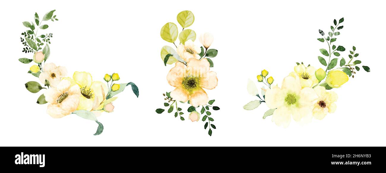 Watercolor flower and leaves bouquets set. Botanic composition watercolor hand-painted isolated on white background, suitable for card design, wedding Stock Vector