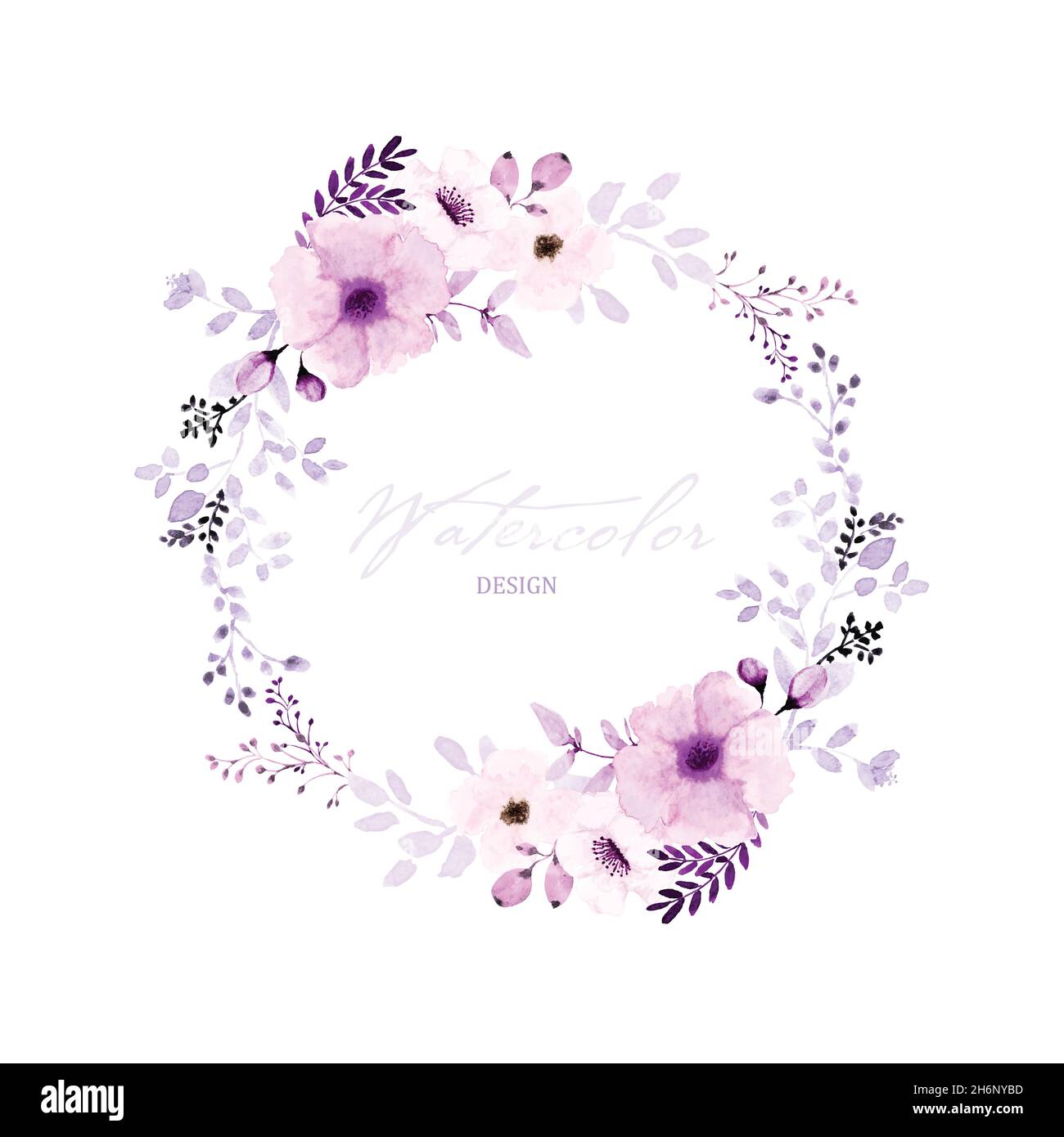 Watercolor wreath design with purple flowers and leaves. Watercolor hand-painted with floral bouquet isolated on white background. Suitable for weddin Stock Vector