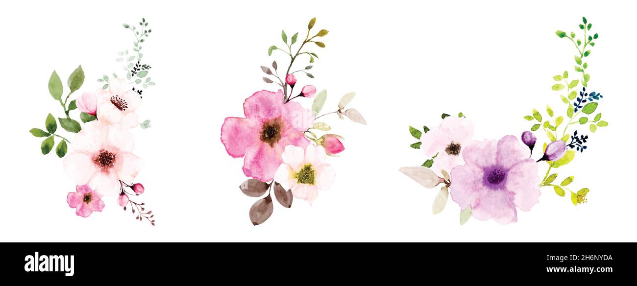 Watercolor pink floral bouquets set. Botanic composition watercolor hand-painted isolated on white background, suitable for card design, wedding, invi Stock Vector