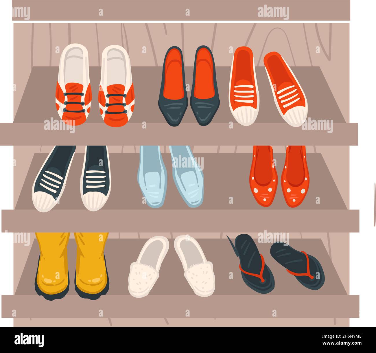 Shelf with shoes, sneakers and heels shop store Stock Vector Image
