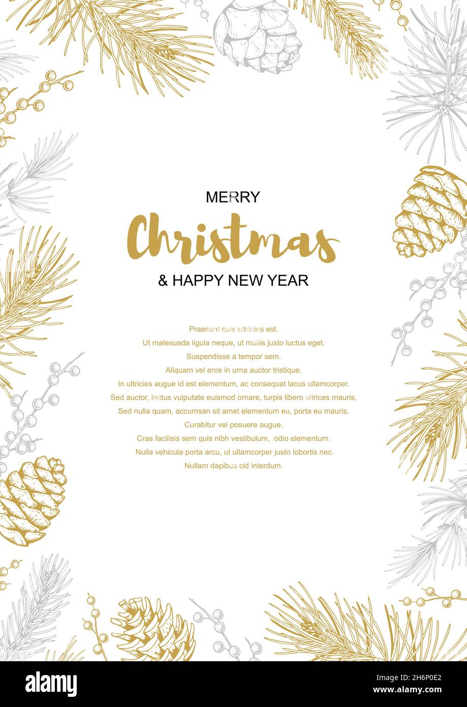 Merry Christmas and happy New Year vertical greeting card with floral ...