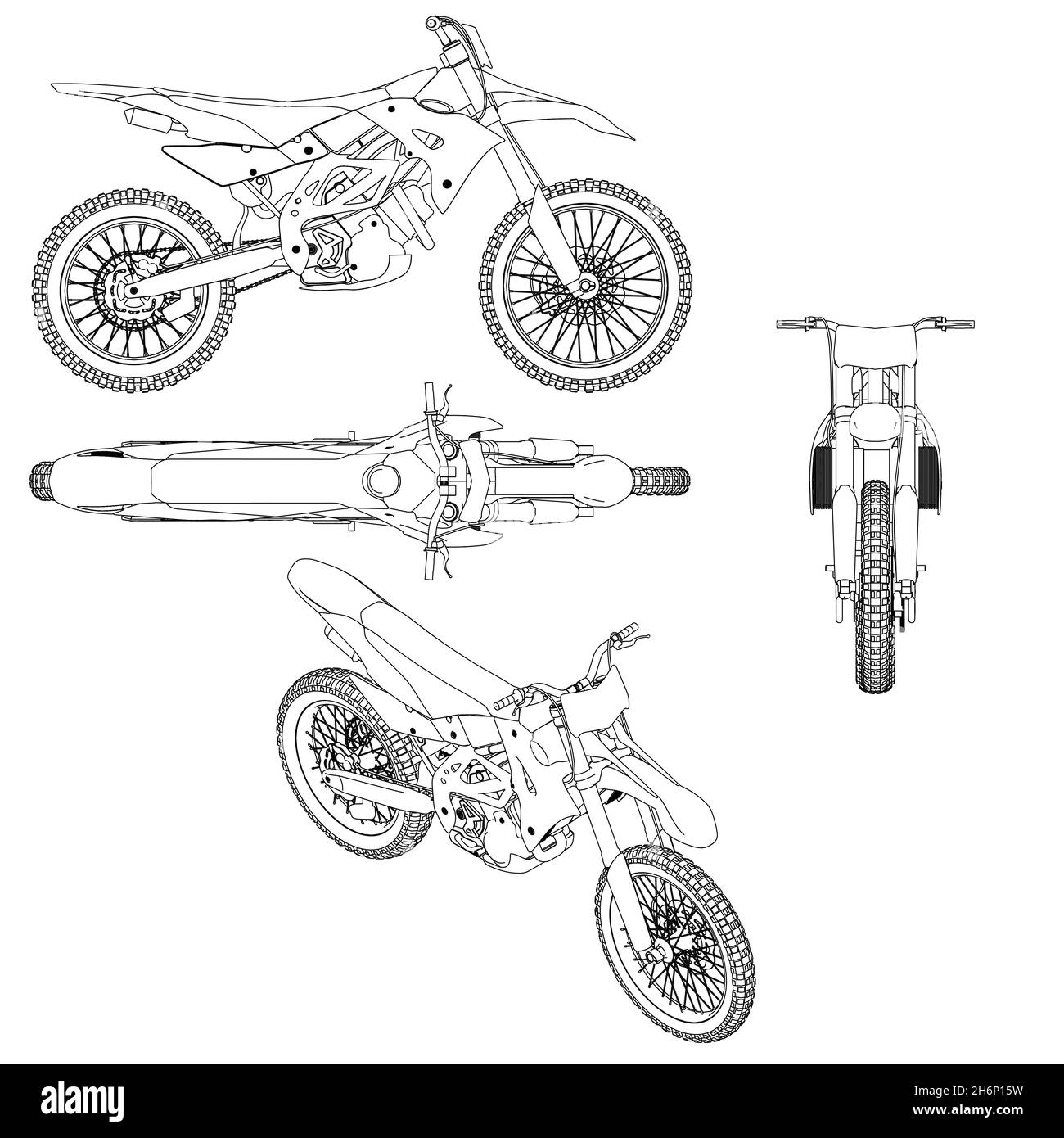 Set with contours of off-road cross motorcycle from black lines isolated on white background. Side, front, top, isometric view. Vector illustration Stock Vector