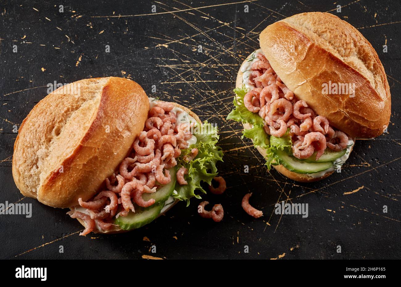 From above of traditional German fast food sandwiches made with crunchy buns stuffed with