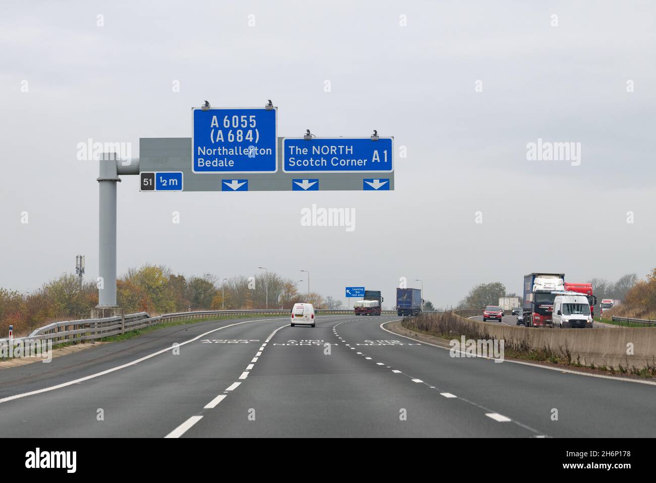 The North Scotch Corner sign on the A1 motorway approaching junction 51