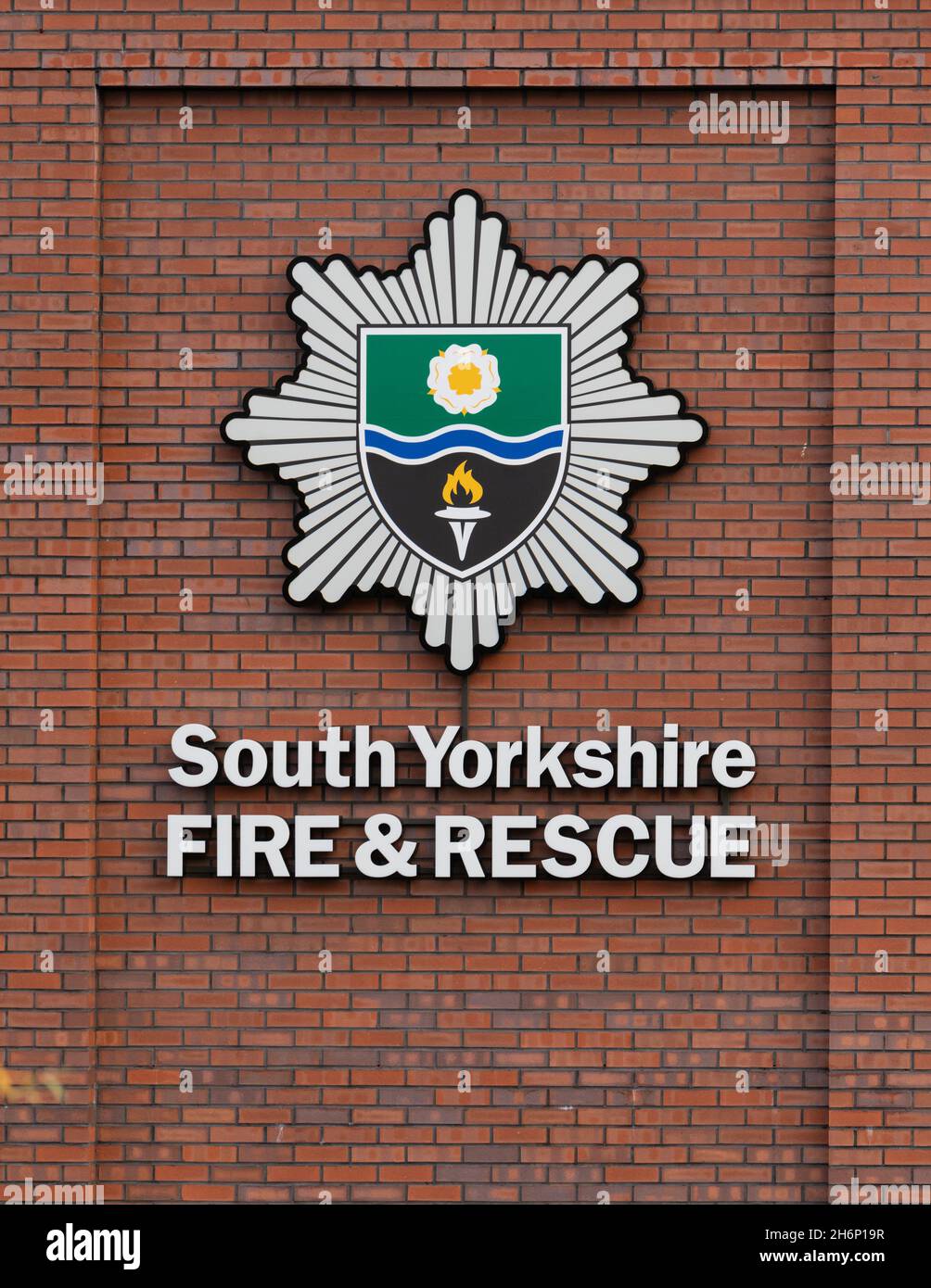 South Yorkshire Fire and Rescue sign on outside of new Barnsley fire station building, Barnsley, South Yorkshire, England, UK Stock Photo