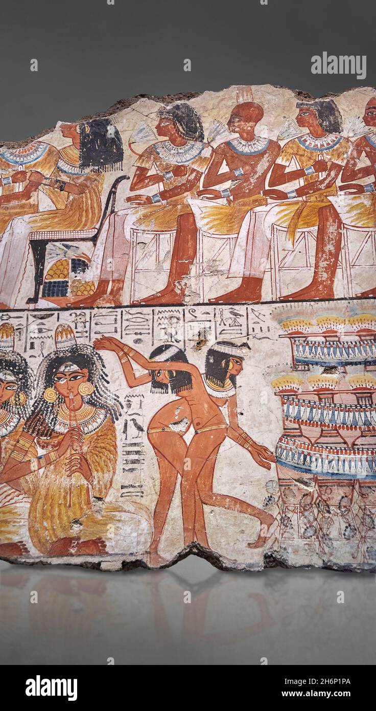 Ancient Egyptian wall art tomb painting: A feast for Nebamun, Tomb of Nebamun Thebes, Circa 1350BC, 18th Dynasty. British Museum EA37981.   Fragment ( Stock Photo