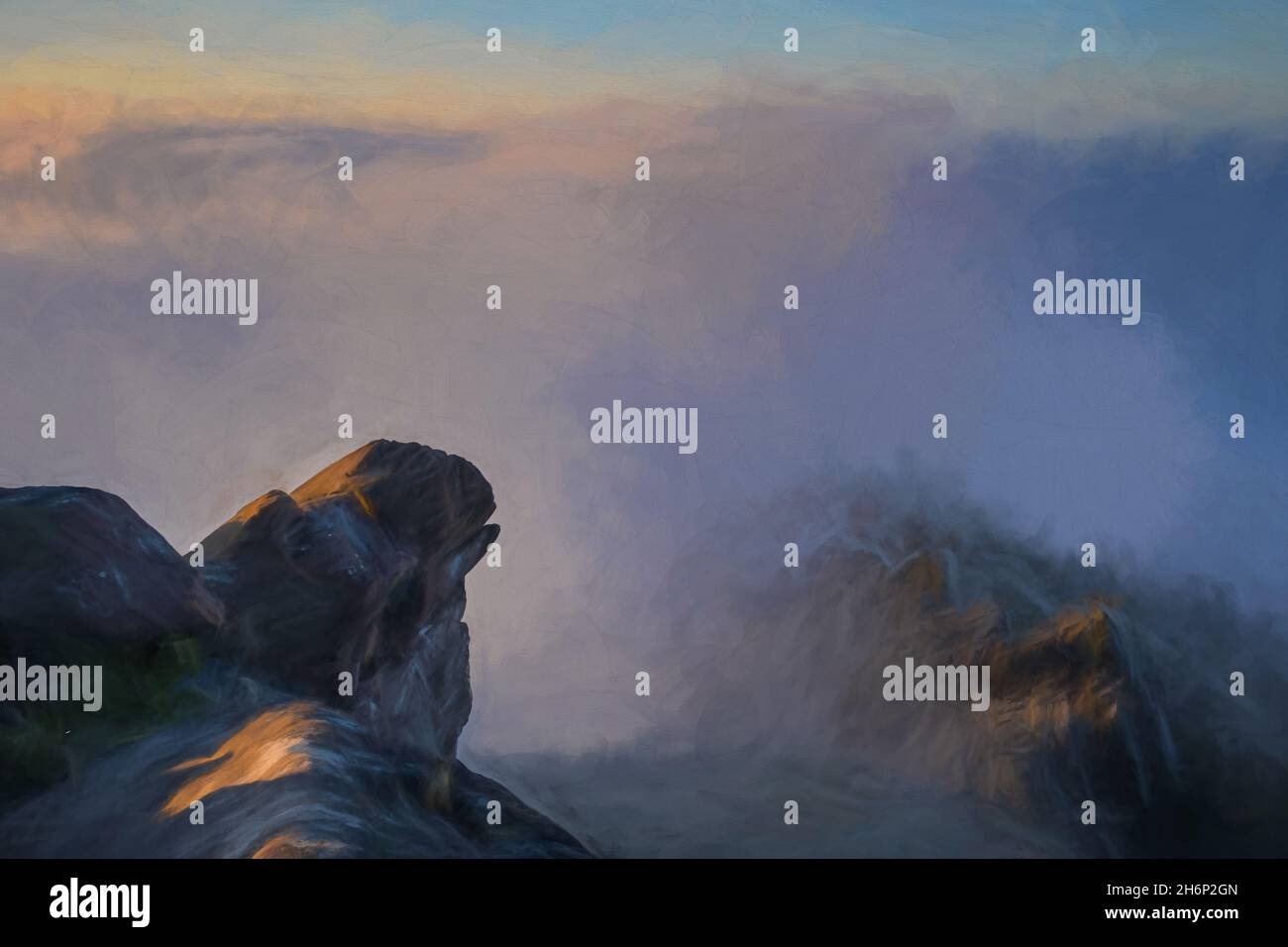 Digital oil painting of a temperature inversion at The Roaches at sunrise during spring in the Staffordshire, Peak District National Park, UK. Stock Photo