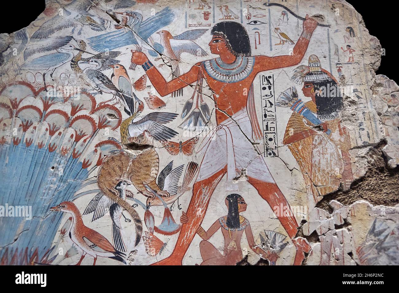 Ancient Egyptian wall art tomb painting: Nebamun hunting in the