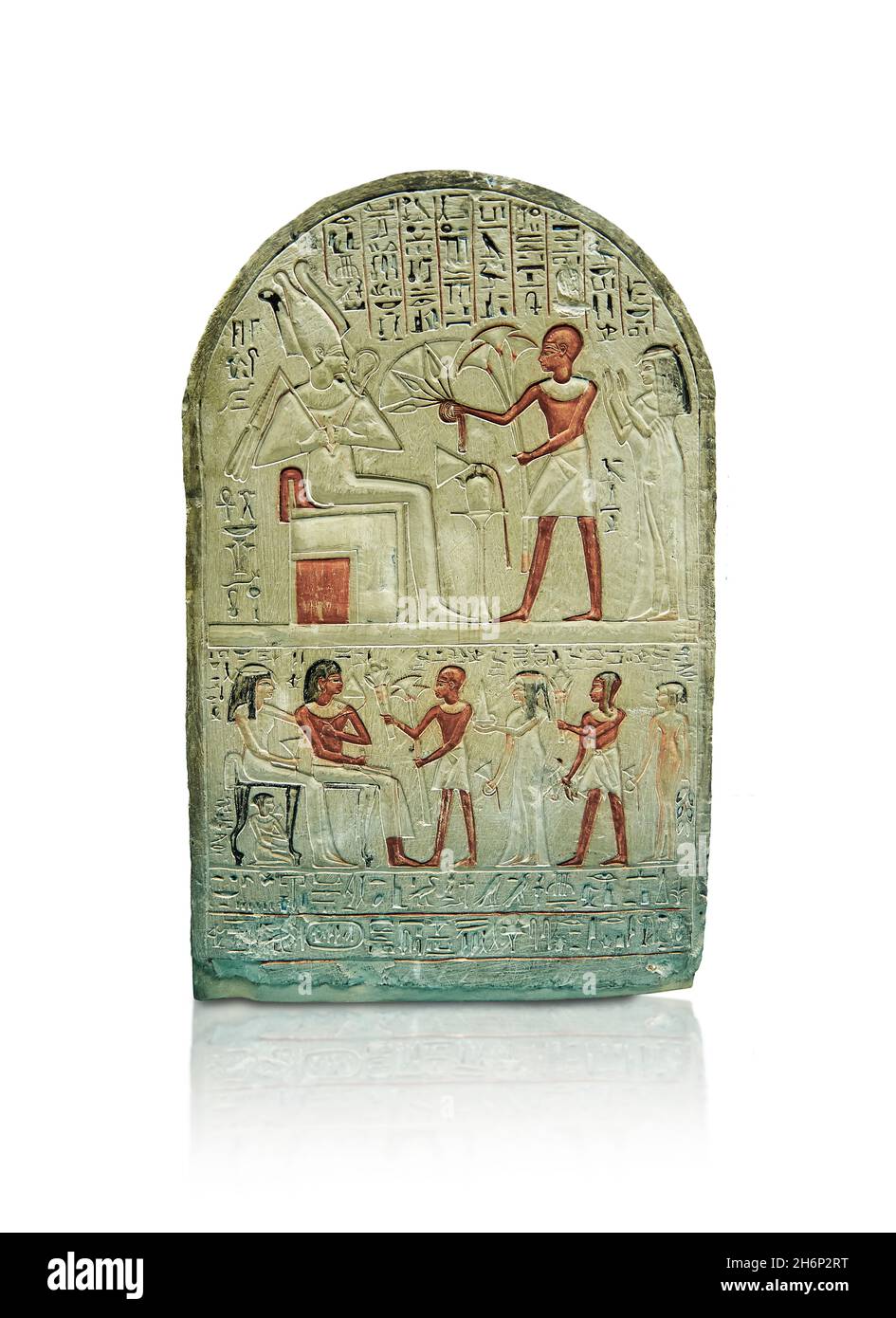 Ancient Egyptian stele of Bakenamun, 1390-1352, 18th Dynasty. British Museum EA289. Round-topped limestone stela of Bakenamun with painted detail: upp Stock Photo