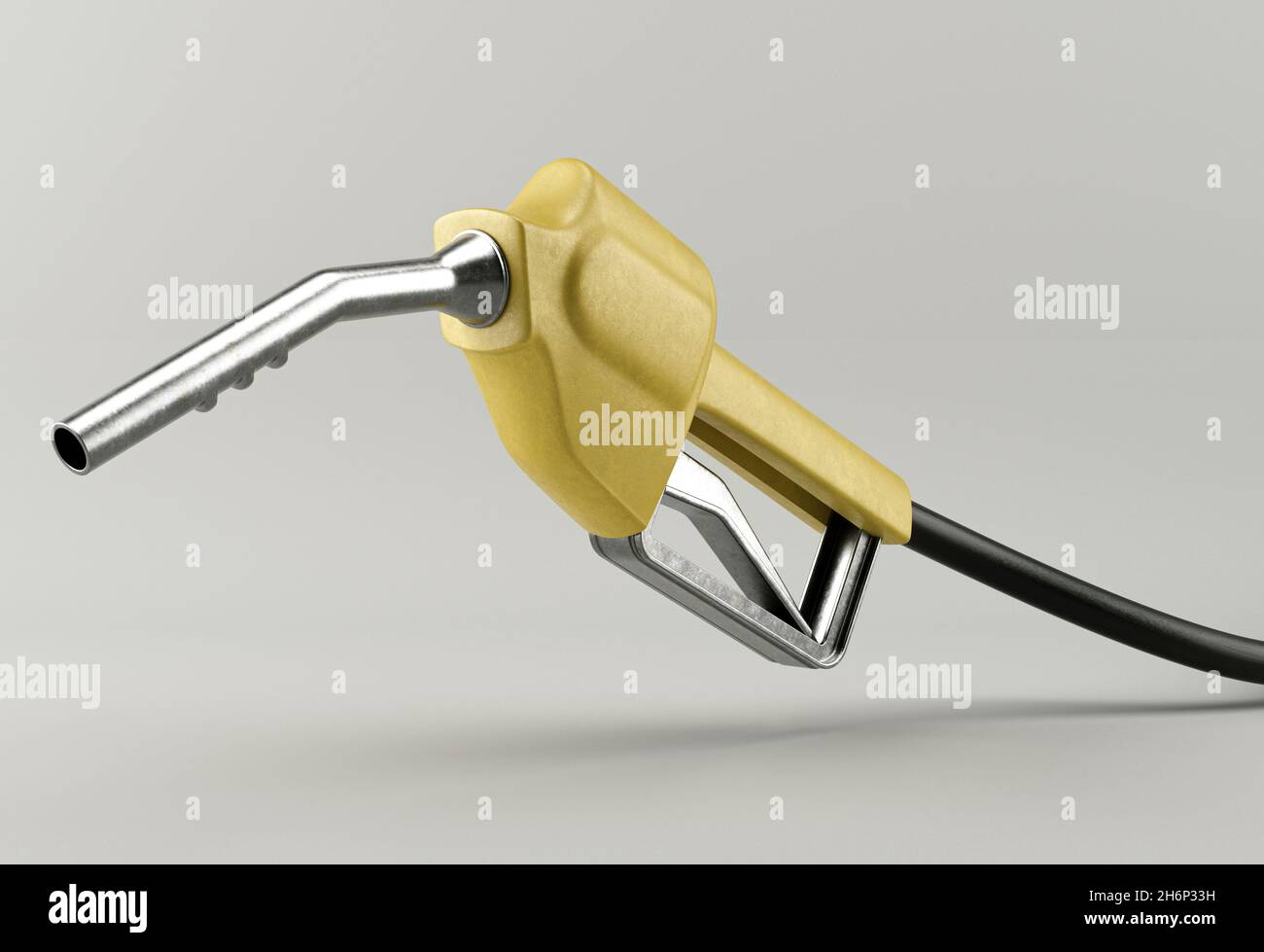A regular yellow and metal fuel pump nozzle and pipe on an isolated white background 3D render