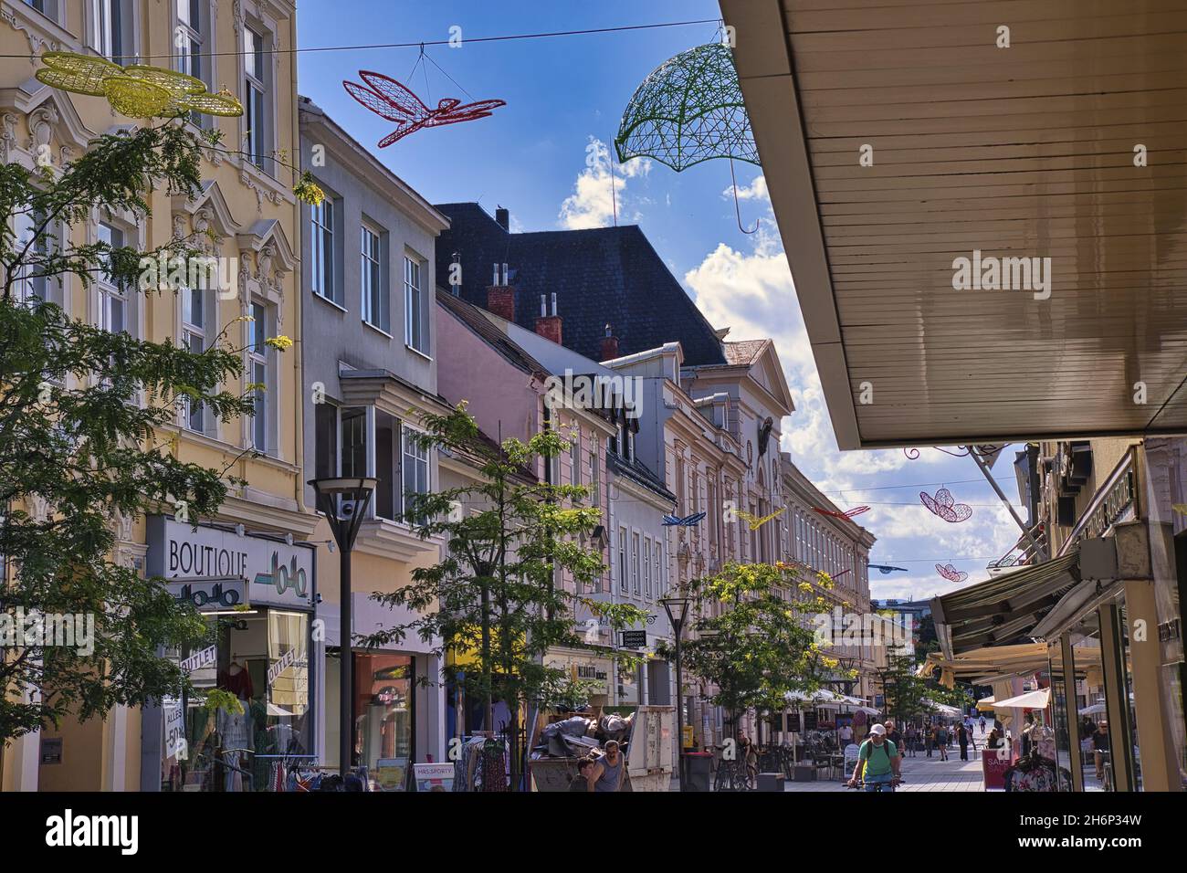WIENER NEUSTADT, AUSTRIA - Jul 27, 2020: view of the shops in the Herzog Leopold street pedestrian zone in the inner city of Wiener Neustadt, Lower Au Stock Photo