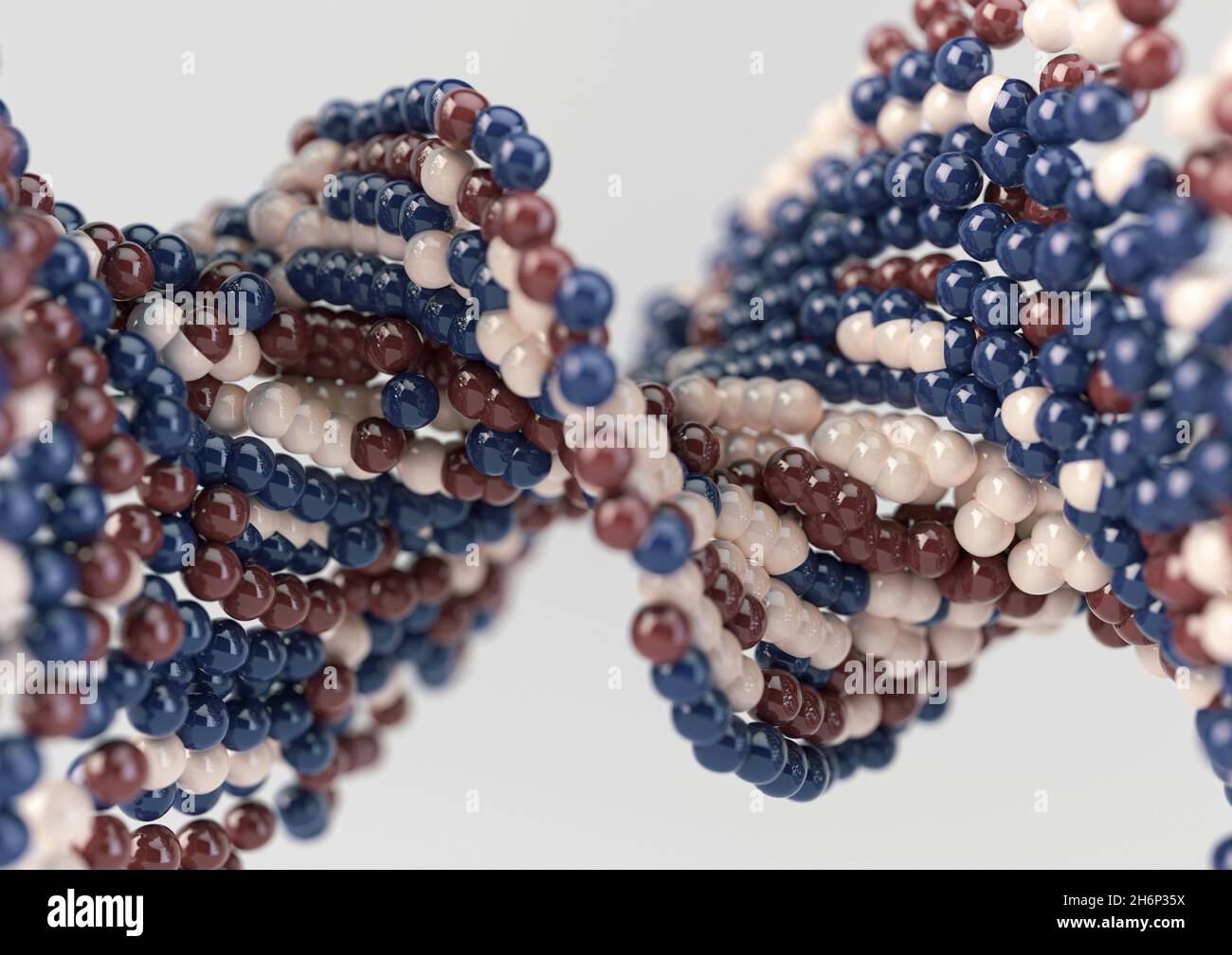 A model of a sequenced pattern of DNA style red blue and cream atom balls on an isolated background - 3D render Stock Photo