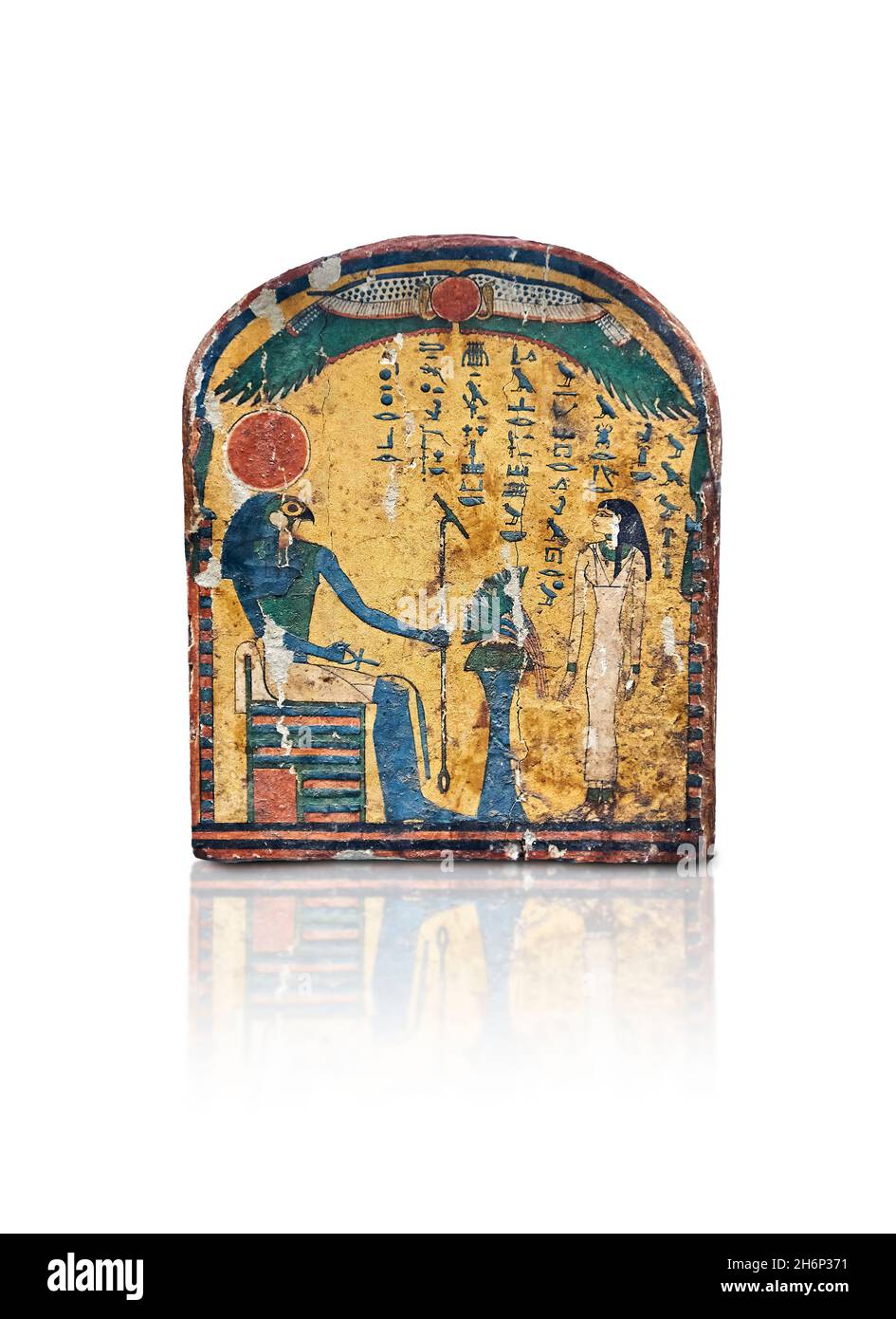Ancient Egyptian stela of Tj(en)tdiashakhet , 1390-1352, 18th Dynasty. Thebes. British Museum EA65354.  Round-topped wooden stela: this painted round- Stock Photo