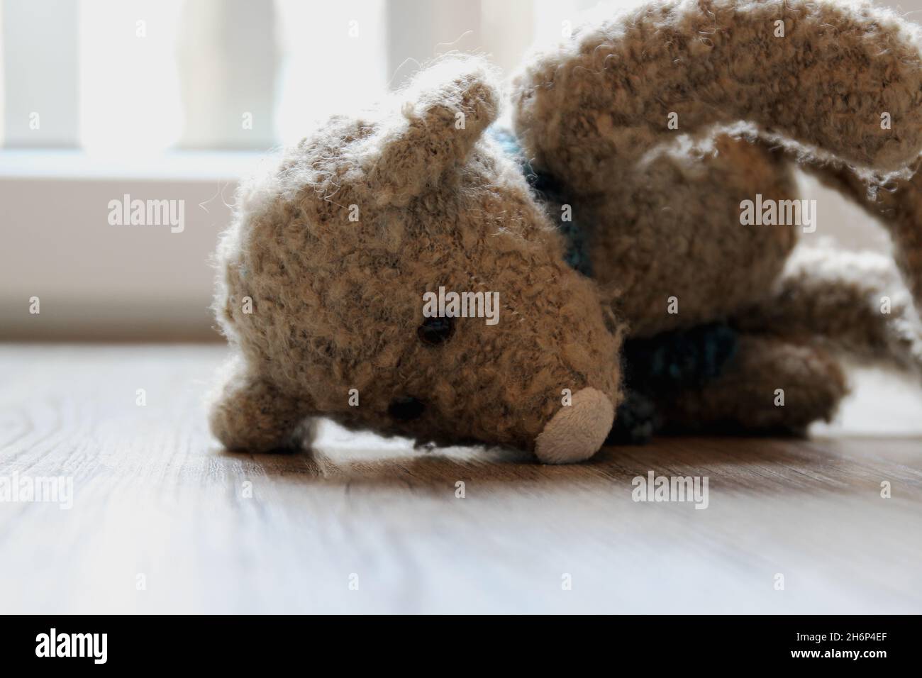 Ein Kuscheltier, Teddy, mit einem blauen Schal, liegend auf einem grauen Holzboden. Stock Photo