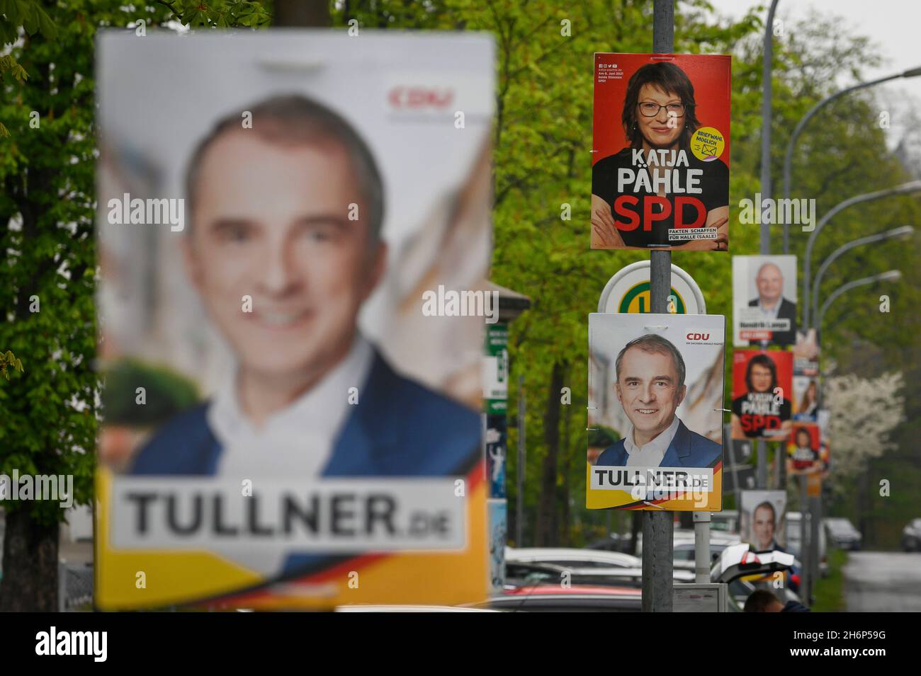 Halle (Saale) in Saxony-Anhalt with political candidate posters on display for State Elections in June 2021. Stock Photo
