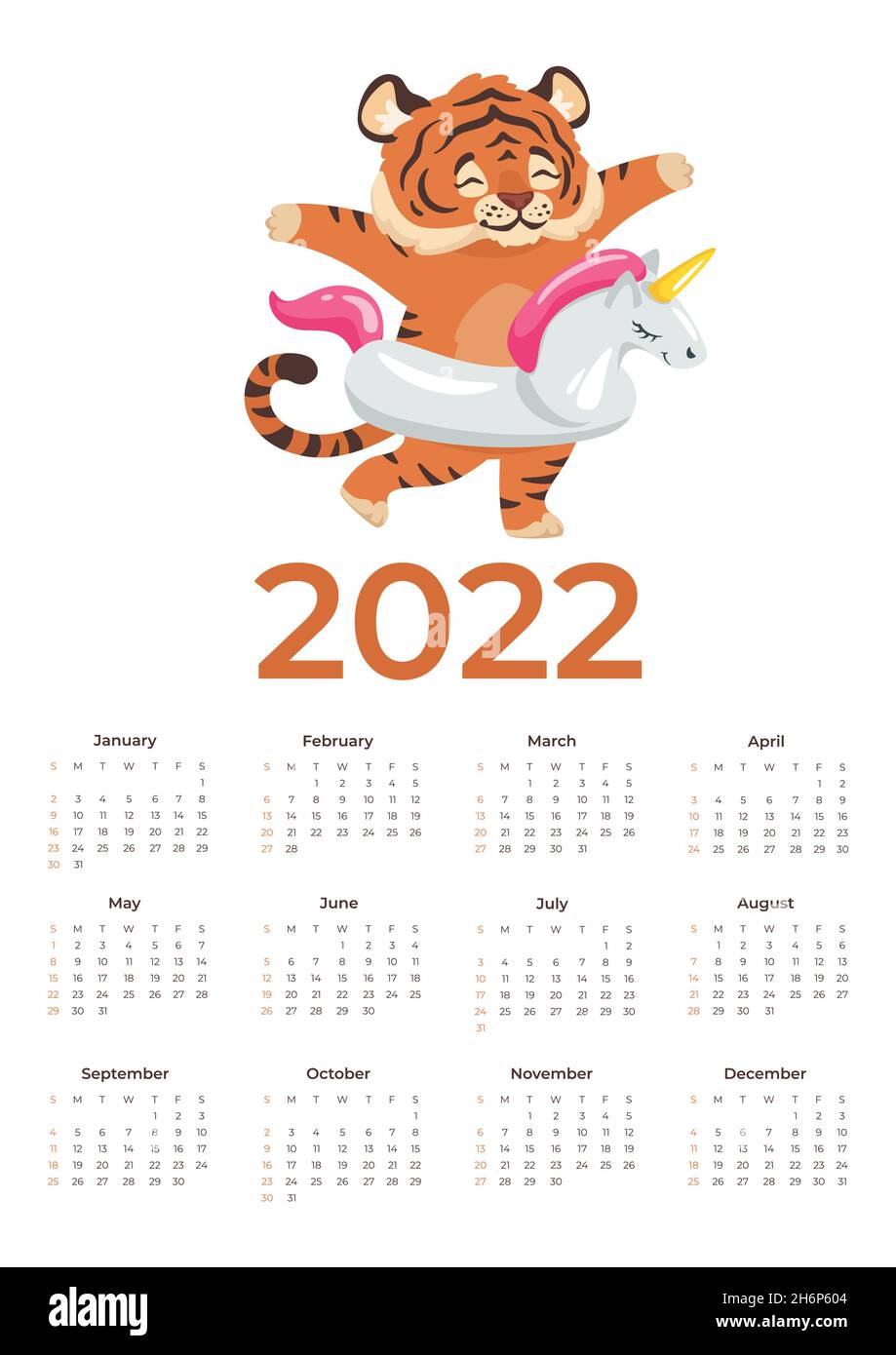 Vector cartoon 2022 calendar template with cute tiger Stock Vector