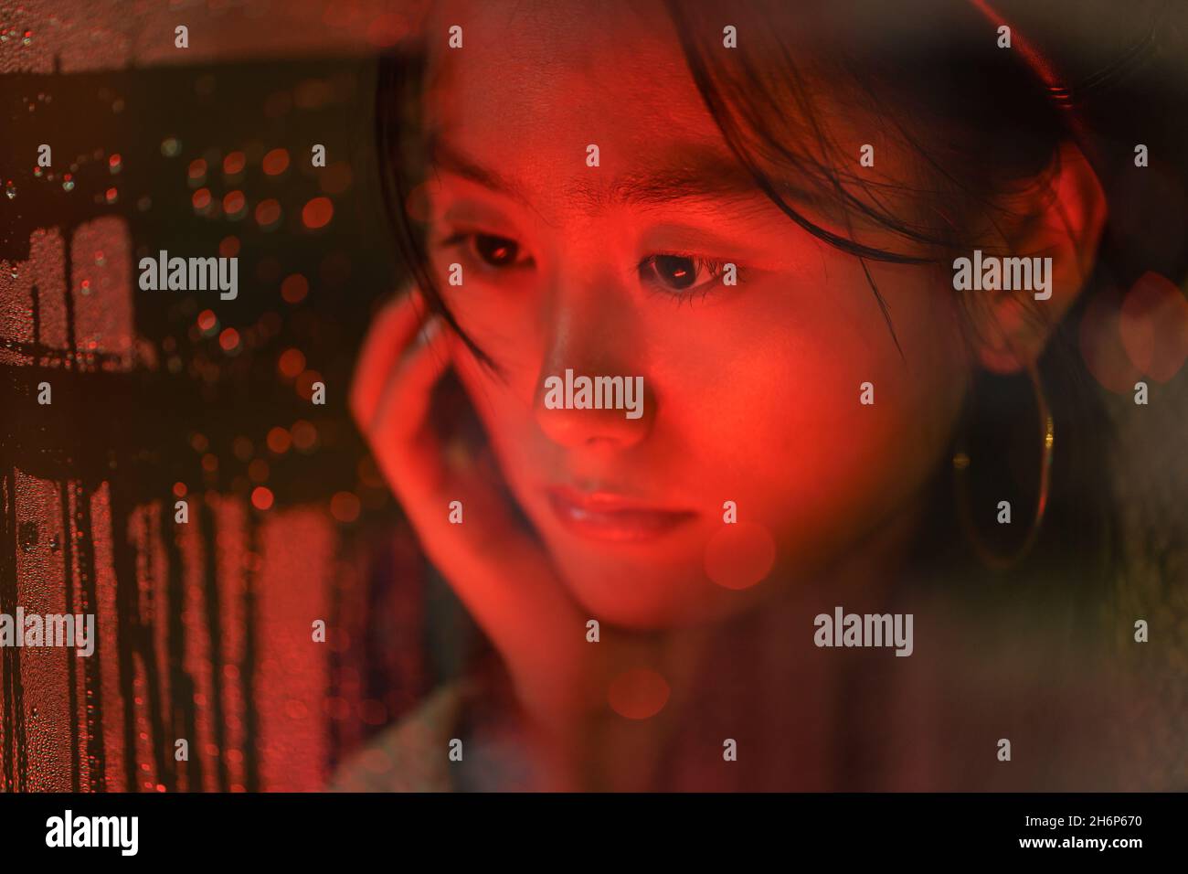 Sad korean girl suffer from heartbreak love story alone look at drops ...