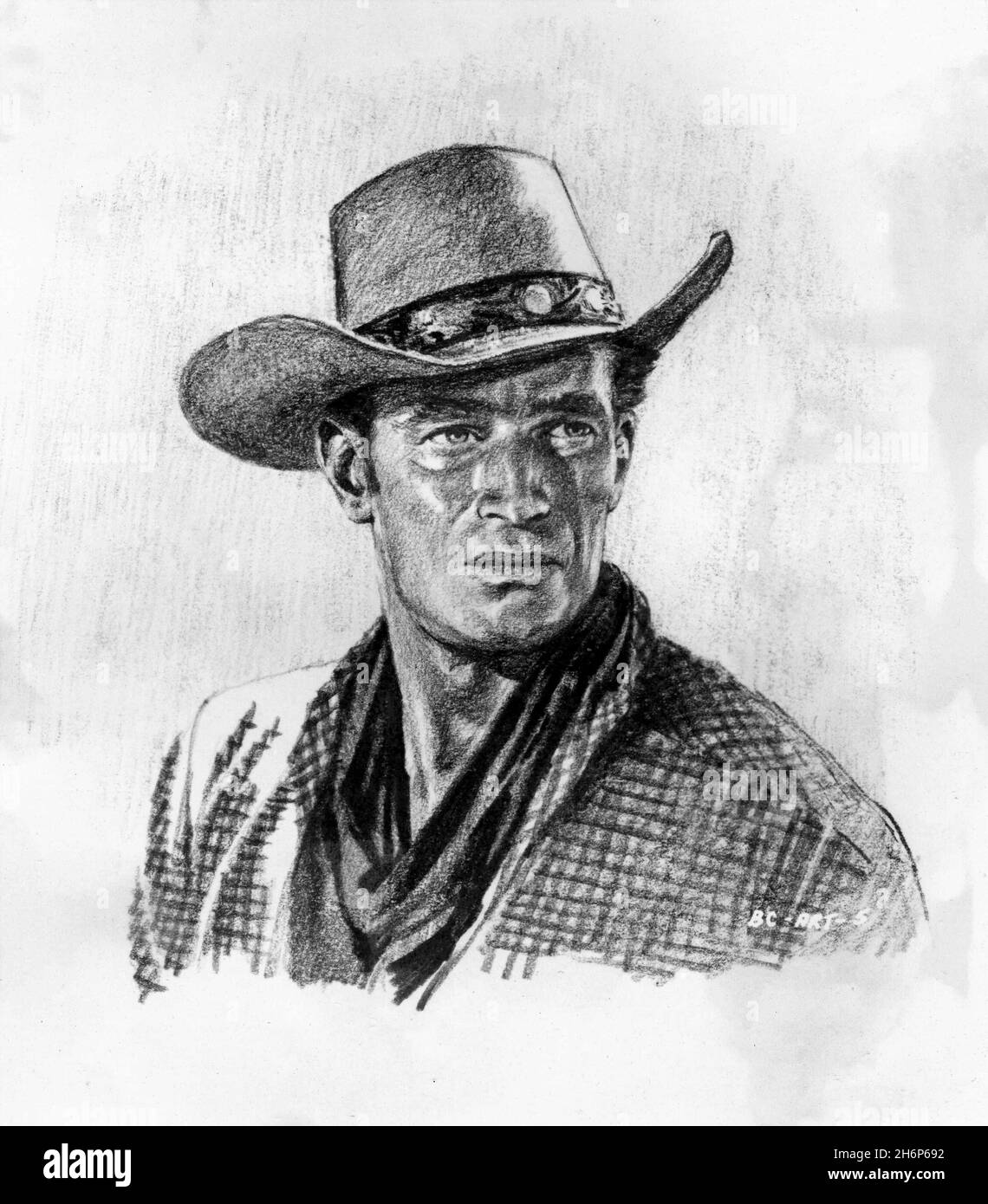 CHARLTON HESTON Promotional Artwork Portrait as Steve Leech in THE BIG COUNTRY 1958 director WILLIAM WYLER novel Donald Hamilton music Jerome Moross producers Gregory Peck and William Wyler Anthony - Worldwide Productions / United Artists Stock Photo