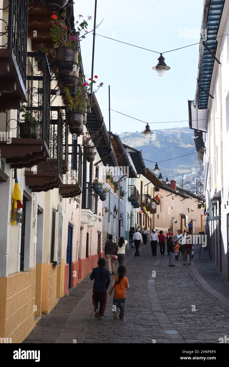 EQUATOR, THE CITY OF QUITO, IN THE HISTORICAL DISTRICT , SREET OF LA RONDA Stock Photo