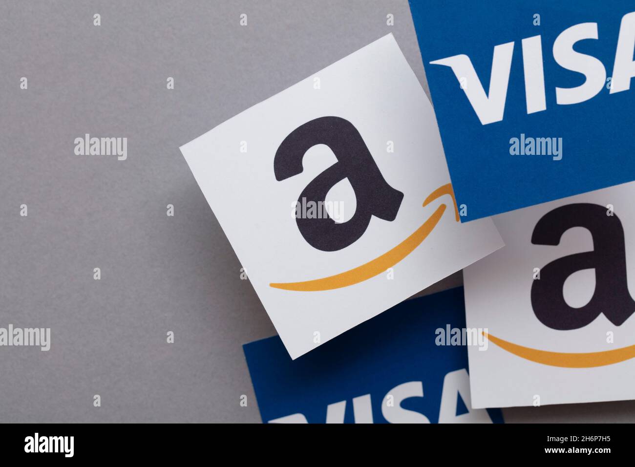 LONDON, UK November 2021 Amazon and Visa logos. Amazon plans to stop accepting Uk issued Visa