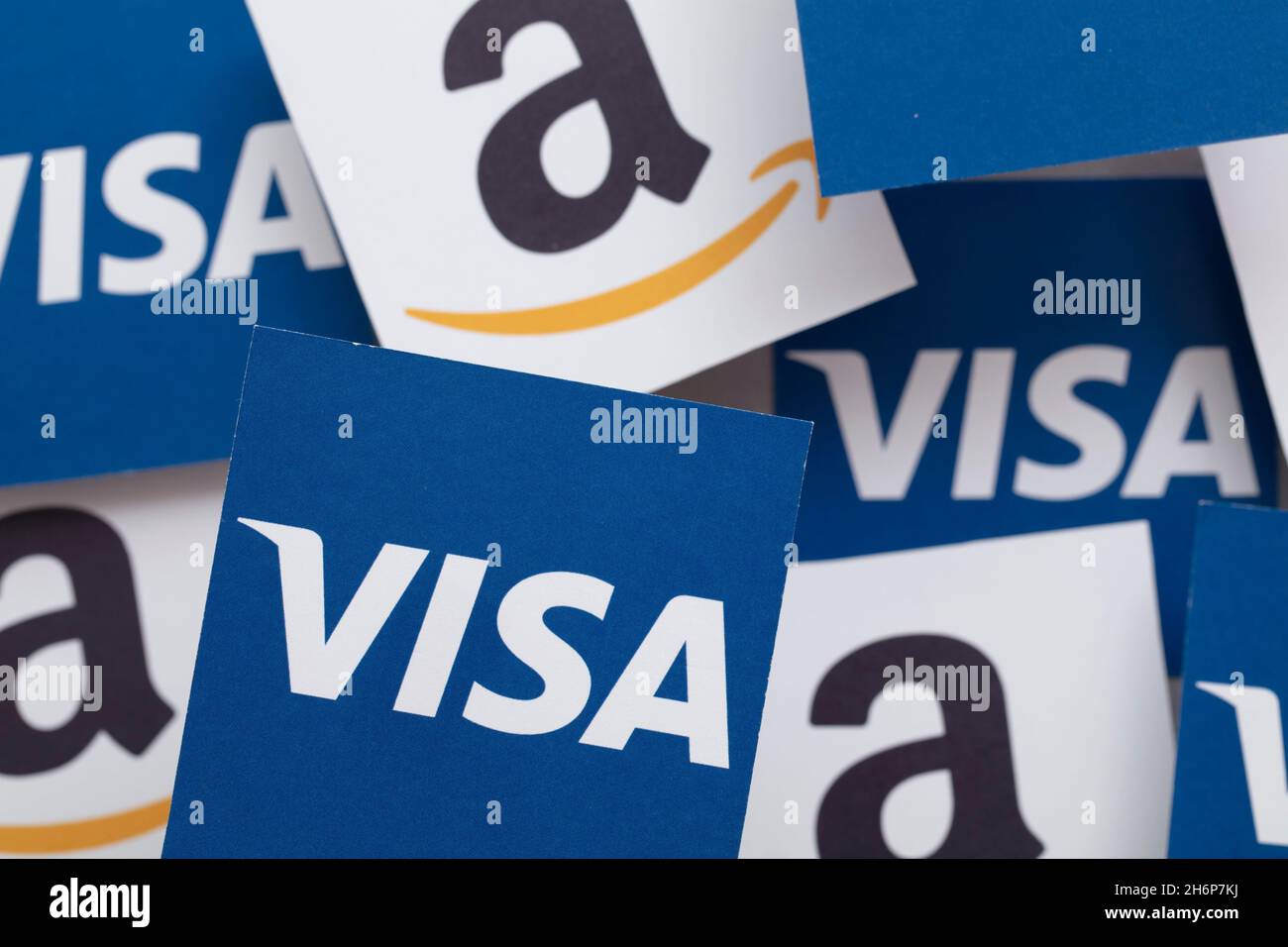 LONDON, UK November 2021 Amazon and Visa logos. Amazon plans to stop accepting Uk issued Visa