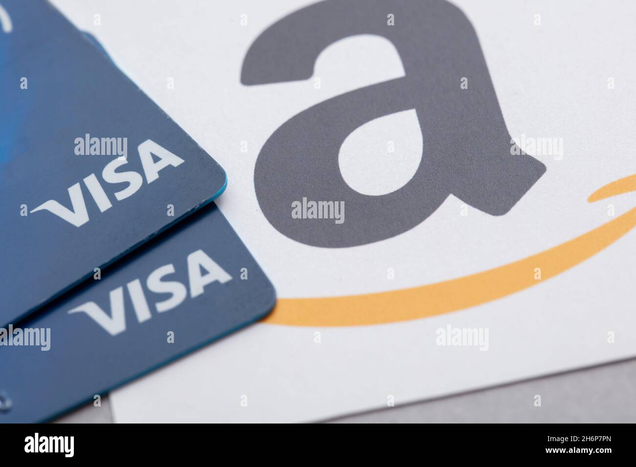 LONDON, UK November 2021 Amazon and Visa logos. Amazon plans to stop accepting Uk issued Visa