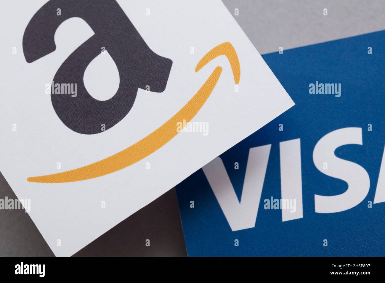LONDON, UK November 2021 Amazon and Visa logos. Amazon plans to stop accepting Uk issued Visa